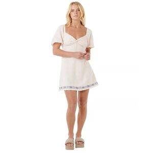 NWT Rip Curl Boho Coastal Twist Front Mini Dress XL Cream Blue Embroidered Hem